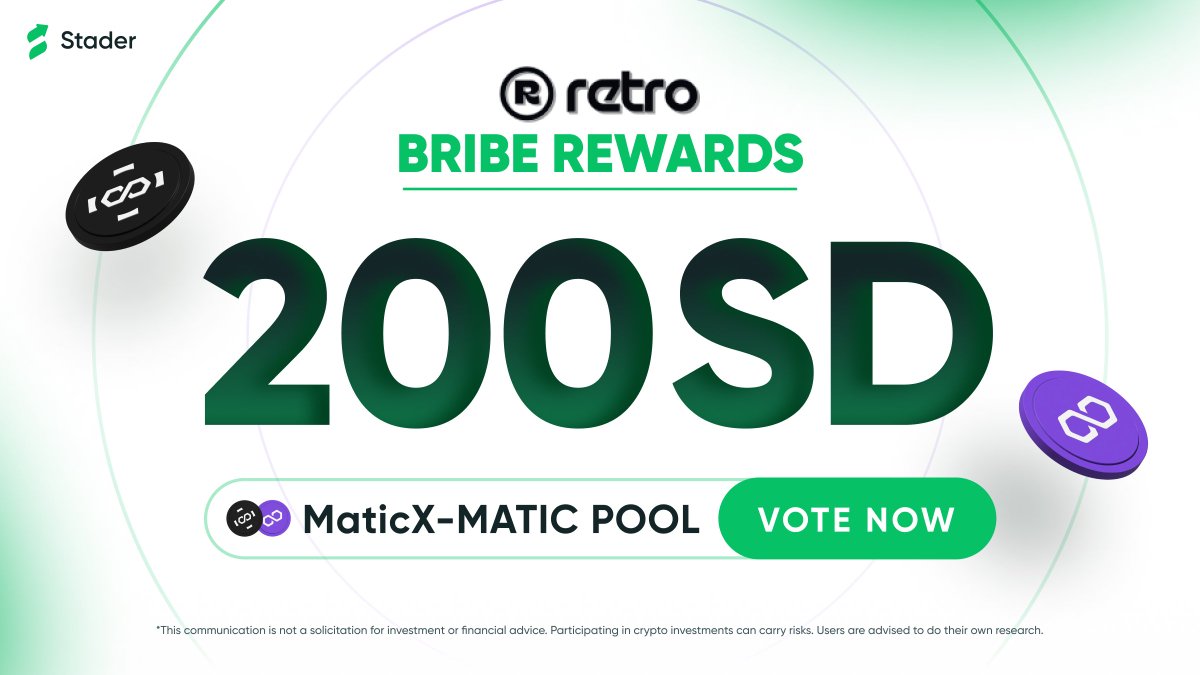 Do not giveaway your share of extra rewards! 🚨 Head over to @Retro_finance to vote for the MaticX-MATIC LP. And secure your share of the 200 SD bribe before this epoch is over. 🌊 Make the most of your $veRETRO. Vote Now 🔗 bit.ly/4cZ5kNE