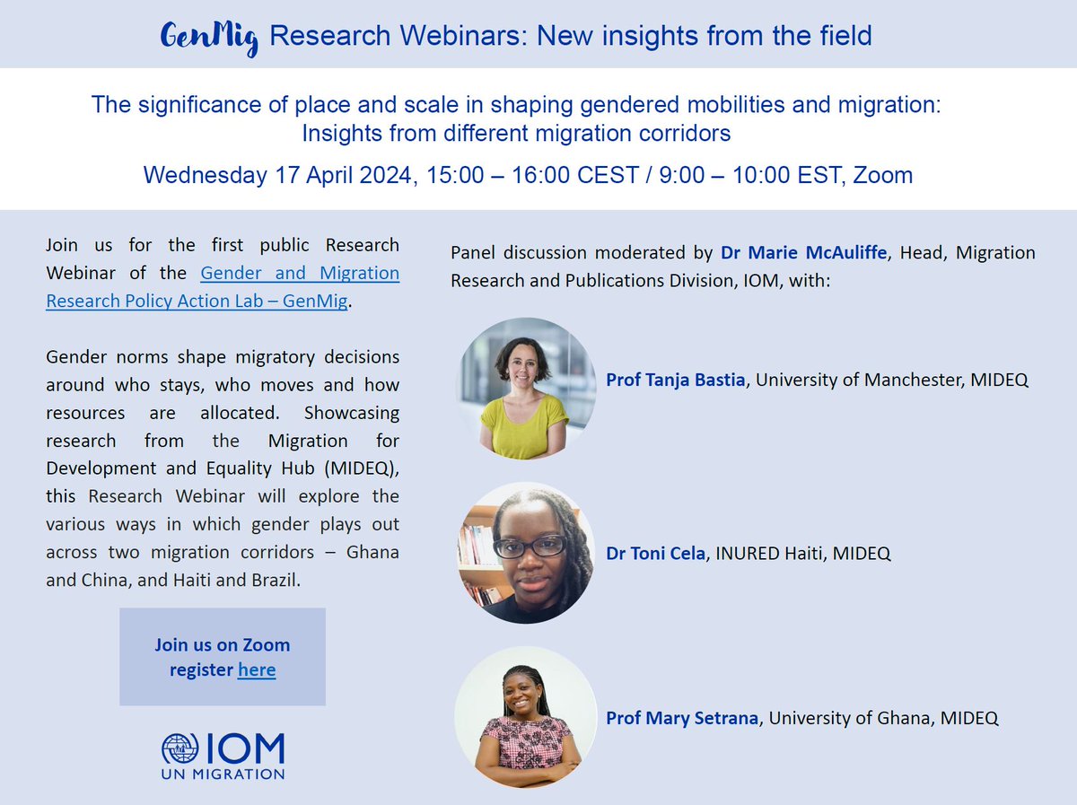 Don't forget to register for this Wednesday's #GenMig #Research Webinar with @TanjaBastia, Dr Toni Cela and Prof Mary Setrana from @MIDEQHub 17 April at 9:00-10:00 EST / 15:00-16:00 CEST - register on Zoom 👉 shorturl.at/louHT