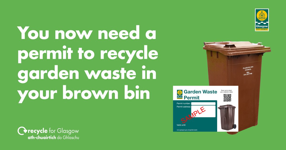 As our gardens start to grow again remember you now need a permit to recycle garden waste in your brown bin - find out more 👉 glasgow.gov.uk/gardenwaste #LetsGetGlasgowRecycling