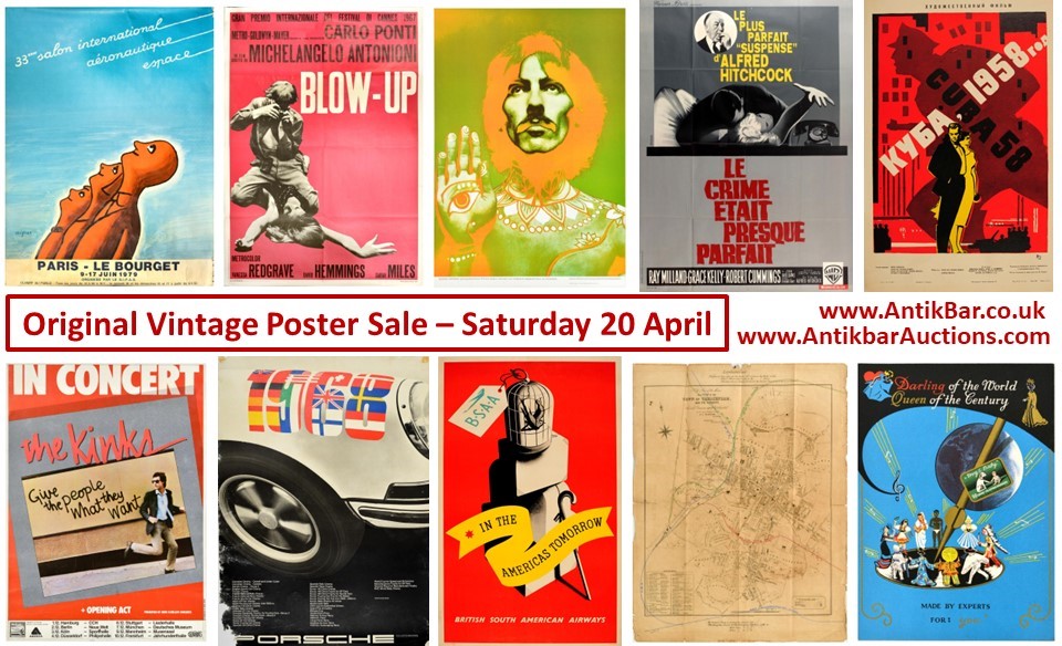 A few of the current top bids in our auction THIS Saturday — don't miss out! Bid online now at antikbarauctions.com/catalogue/49CB… Over 530 original vintage travel, advertising, sport, war, propaganda and movie posters from around the world. More info and links at antikbar.co.uk/antikbar-aucti…