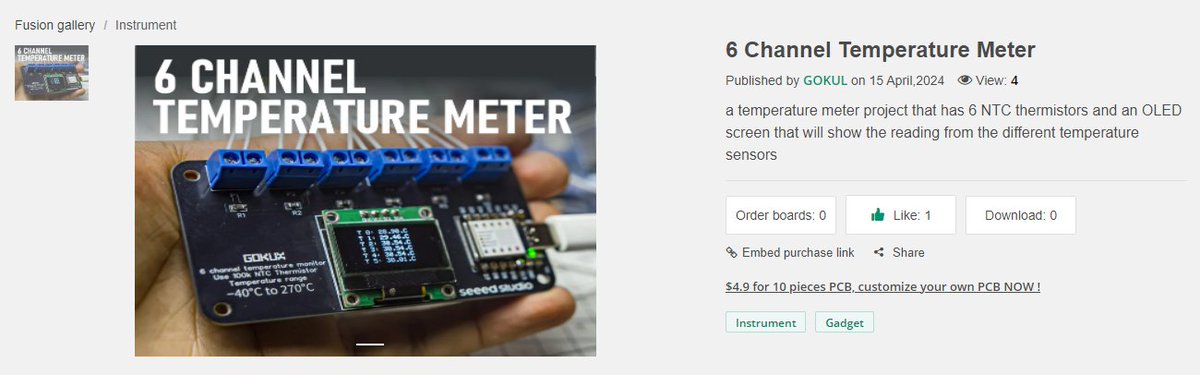 Build Your Own Multi-sensor Thermometer!🥳
This project uses 💡 6 NTC thermistors to track and display temperatures on a clear OLED screen.😃

📺Find out more details on Fusion Gallery👇
If you want to order the same board, just one click for no worries!
seeedstudio.com/6-Channel-Temp…