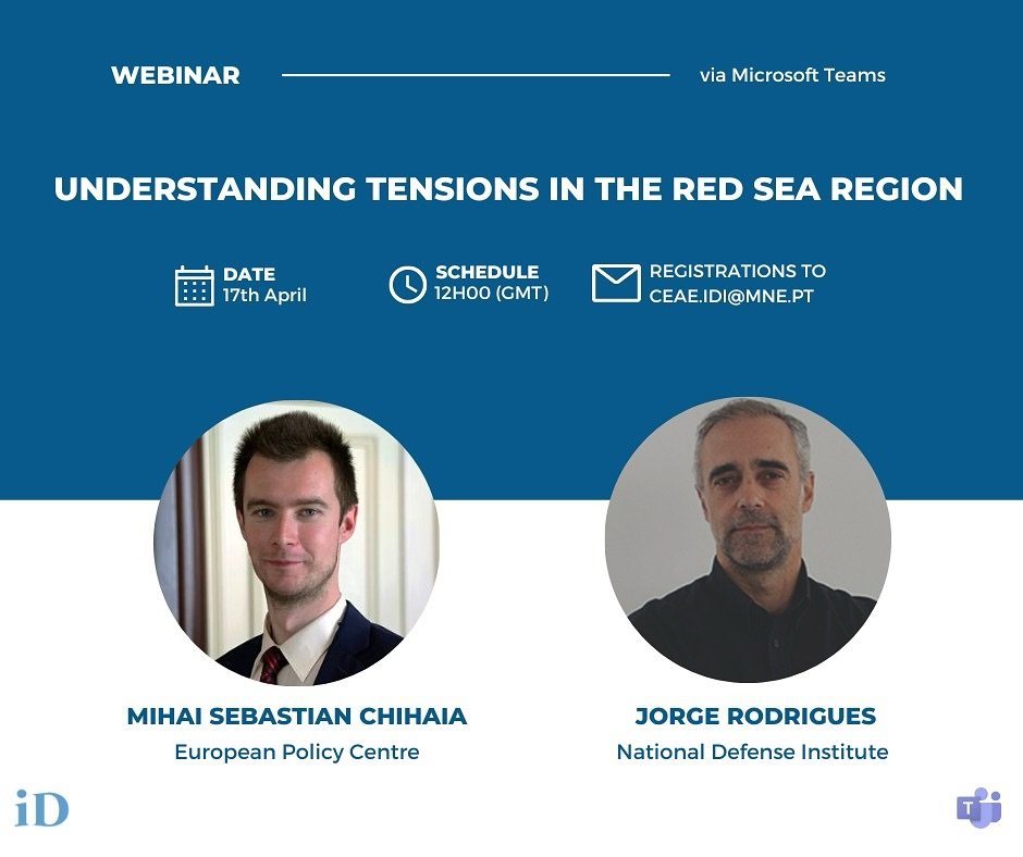 Recent events in the Red Sea region have pushed this strategic waterway to the forefront of geopolitical concerns. Join us in “Understanding Tensions in the Red Sea Region” with <a href="/CEPS_thinktank/">CEPS ThinkTank</a> Mihai Sebastian Chihaia and LTCol Jorge Rodrigues <a href="/IDNPORTUGAL/">IDN - Instituto da Defesa Nacional - Portugal</a>
