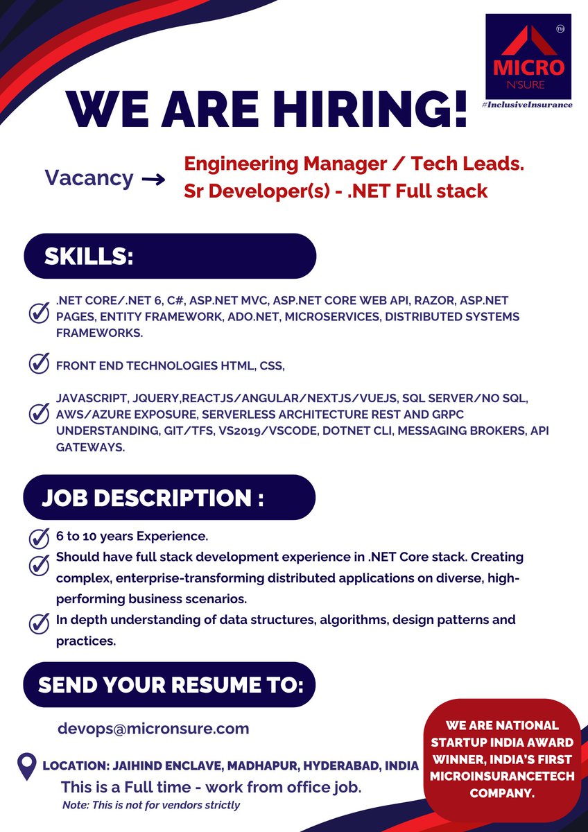 Hurry up and apply soon! Drop your resume at (devops@micronsure.com)

#Micronsure #Hiring #JobVacancy #NowHiring #CareerOpportunity
#Employment #JobSearch #Recruitment #WorkOpportunity #JoinOurTeam
#IT #Inclusiveinsurance #Microinsurance #insuretech