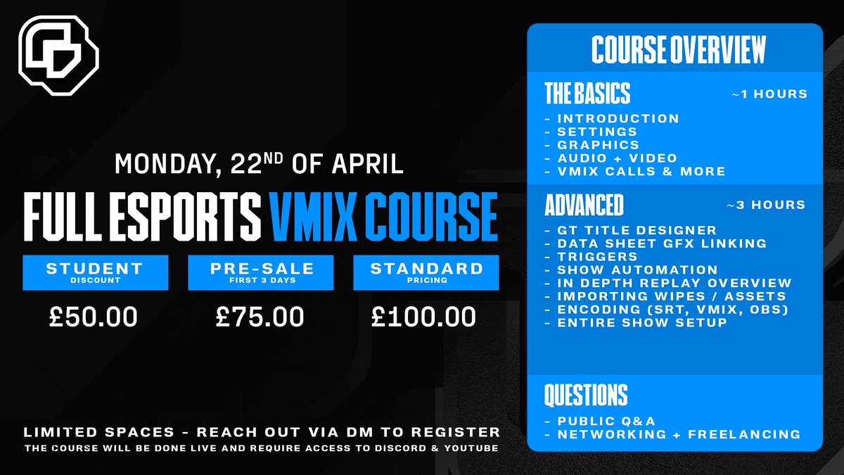 Running a vMix Course next week!

📅 Monday, 22nd of April (22/04)

Aimed at beginners, will teach you from 0 -> running and setting up an entire show.

Send a DM to get in, small groups & limited spaces only.

FULL VOD will be accessible afterwards 👍