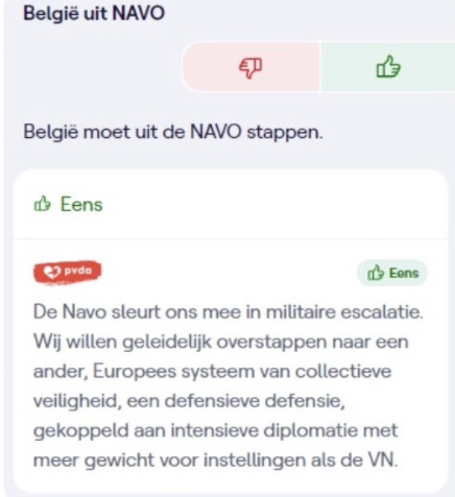 Soms zijn stemtesten wel heel helder: de <a href="/pvdabelgie/">PVDA België</a> wil ons land uit de NAVO. Hiermee zetten ze onze veiligheid op het spel. Niet meer of minder. Hun ‘kameraden’ in China of Rusland zullen het graag lezen.