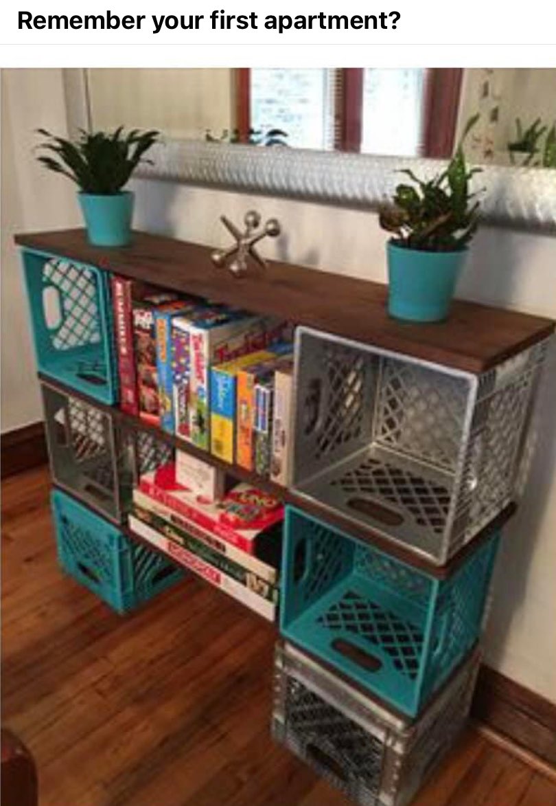 This is what my 1st apartment looked like. We made furniture out of milk, crates and cinder blocks. I don’t remember anything new in my apartment. I was just so proud to be out on my own I didn’t care about the furnishings. What did yours look like?