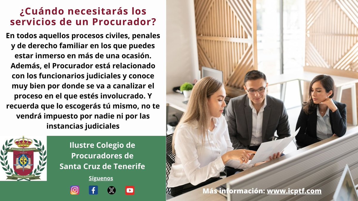 ¿En qué escenarios no podrás prescindir de un Procurador? En todos aquellos procesos civiles, penales y de derecho familiar en los que puedes estar inmerso en más de una ocasión. Y recuerda que no te vendrá impuesto por nadie. Lo elegirás tú. Síguenos 👉icptf.com