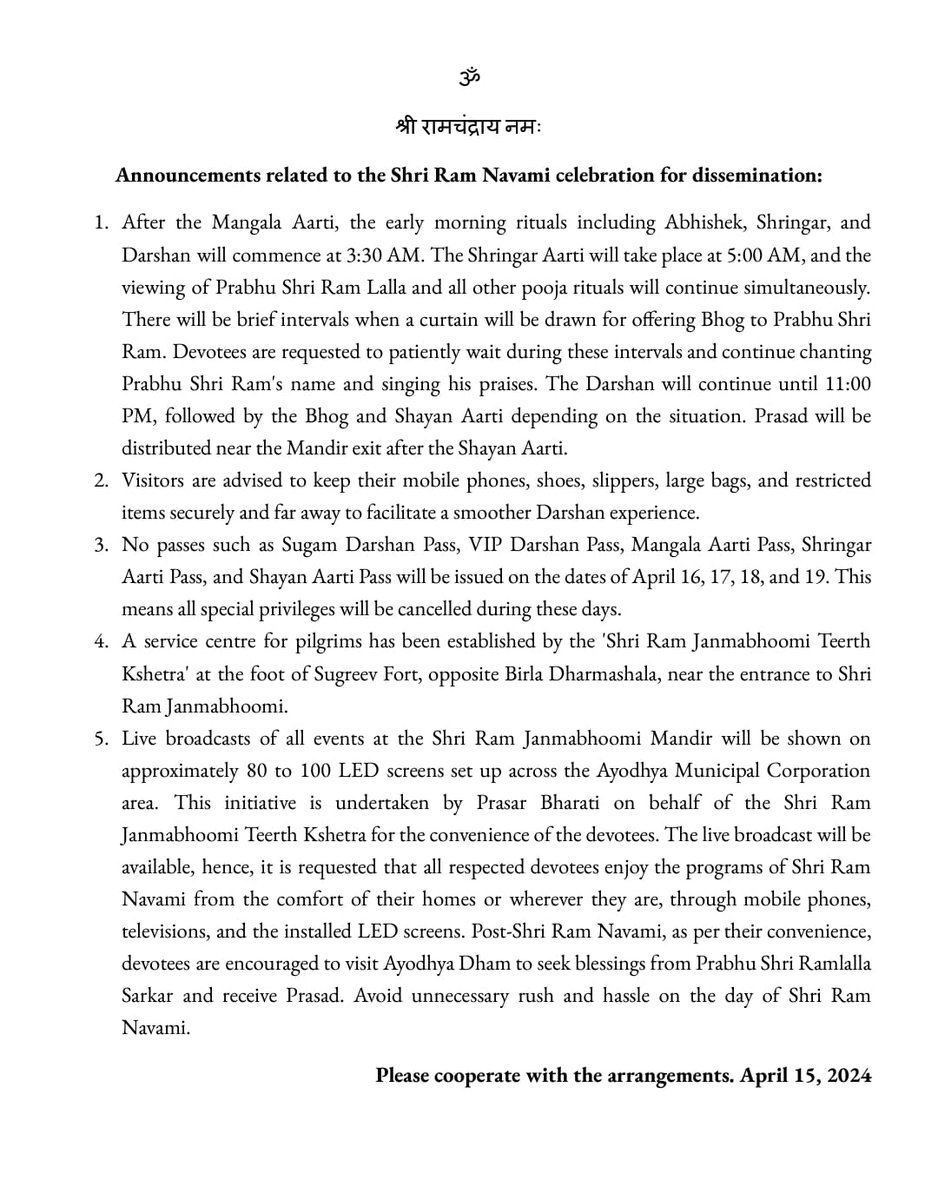 Humble Request on the occassion of Shri Ram Navami Mahotsav: For the convenience of the devotees visiting during the tyohaar of Shri Ram Navami, special arrangements have been made by the Shri Ram Janmabhoomi Teerth Kshetra Trust. On the day of Shri Ram Navami, starting at