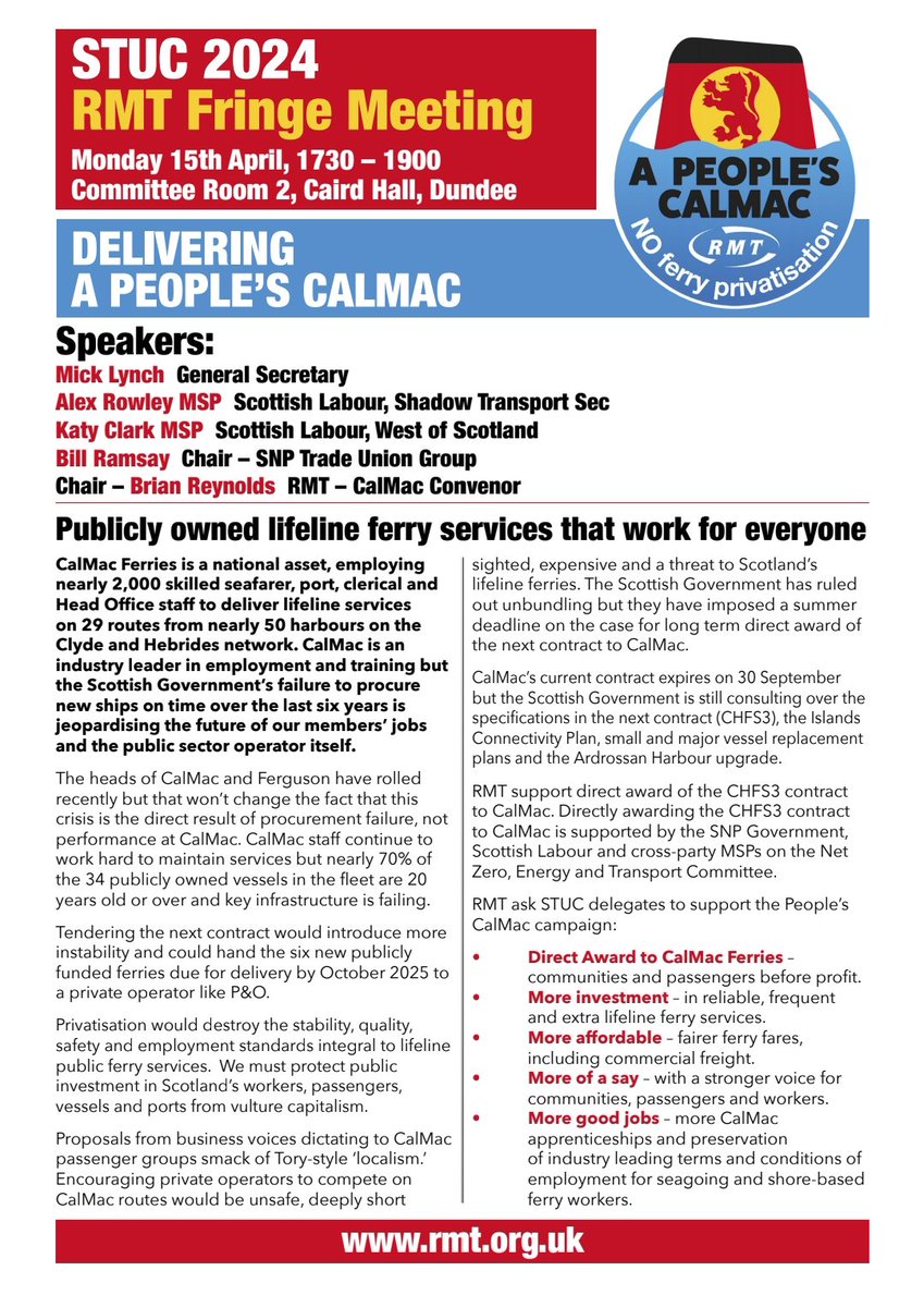 Taking our campaign for a People's Calmac to #STUC24 @ScottishTUC Meeting tonight