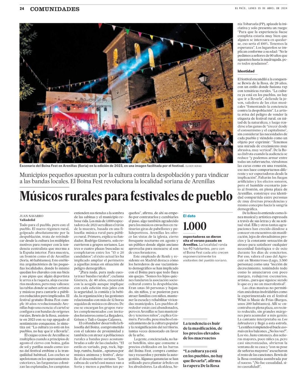 Boina_Fest's tweet photo. Hoy estamos de celebración! Portada de la web de @el_pais y página completa a nivel nacional gracias a @Juan13Navarro Regalazo por nuestro 10º cumpleaños. Gracias a #BewisDeLaRosa por apuntarse a todas! https://t.co/1y7tiNwqNU

Mañana anunciamos 1os artistas del #BoinaFest2024 🤗 https://t.co/q52QH6SNcj