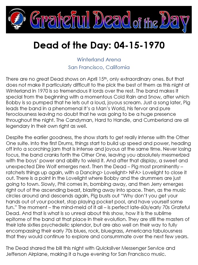 #UpNext on GDRADIO.NET
(at around 5:00pm eastern / 2:00pm pacific)
★ 1970-04-15 at the Winterland Arena in San Francisco, CA ★
#OTD #DeadOTD #DeadHeads #GratefulDead #gratefuldeadmusic
(content courtesy of gratefuldeadoftheday.com)