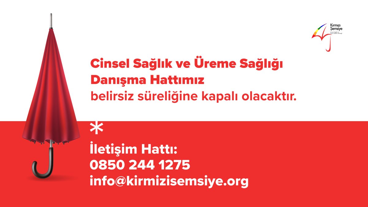 🔴 Cinsel Sağlık ve Üreme Sağlığı Danışma Hattımız belirsiz süreliğine kapalı olacaktır.

İletişim Hattı:
☎️ 0850 244 12 75
💌 info@kirmizisemsiye.org