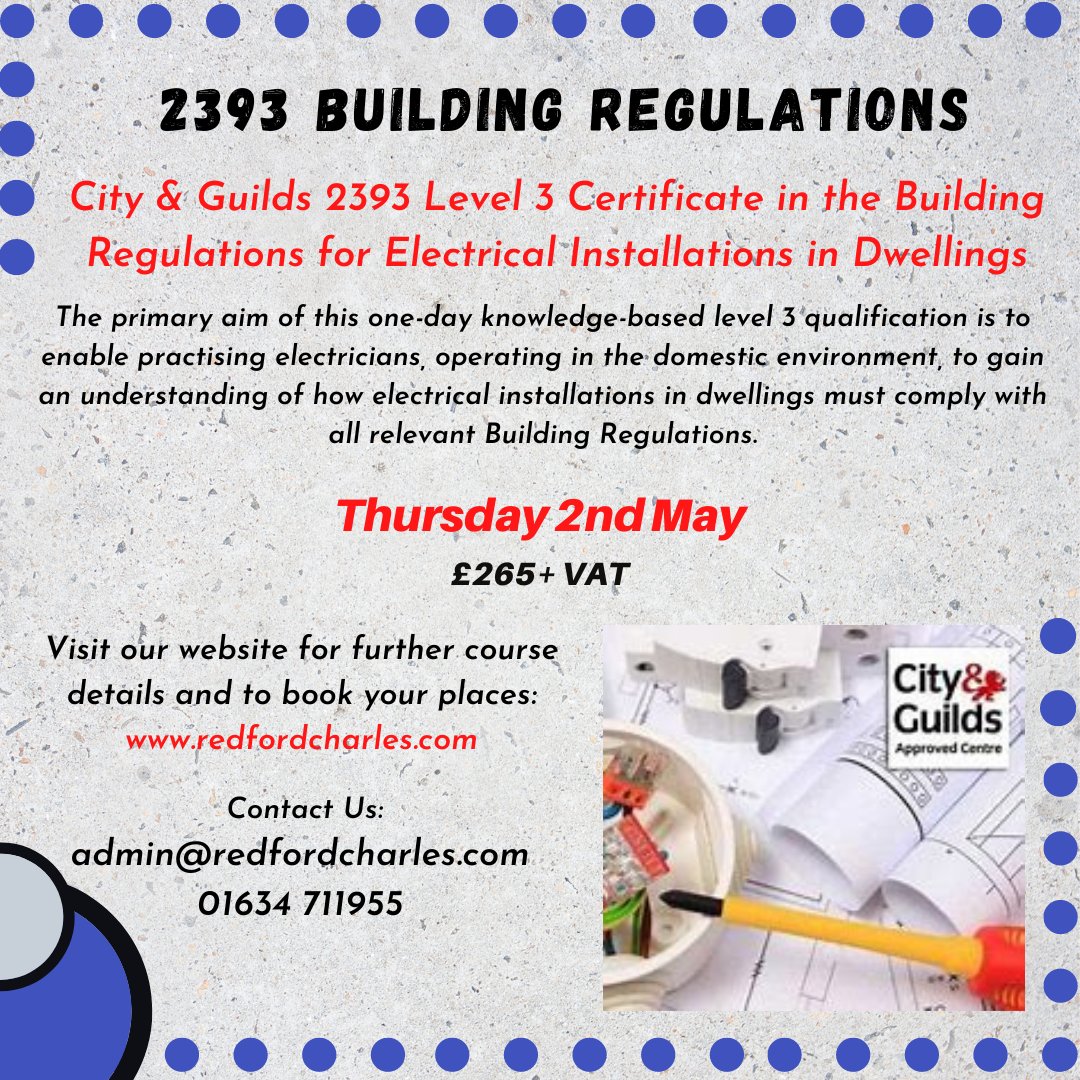 Do you need to gain the knowledge of how electrical installations in dwellings must comply with Building Regulations?  This course is for you 👇

Book your place on line today or contact the office.

#electricalinstallations #buildingregulations #dwellings #training #electrician