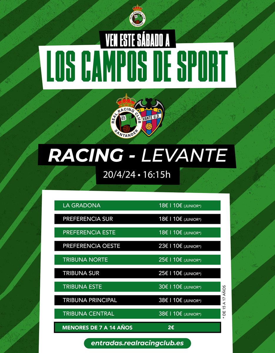 realracingclub's tweet photo. 🏟️ El Racing ofrece entradas para menores de 15 años por solo dos euros para el partido ante el Levante UD #RacingLevante https://t.co/HDJH3JoAmn https://t.co/DdU14aEK4B
