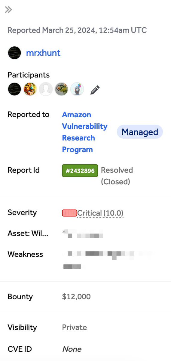 Exciting news! 🎊 I've just been awarded a  $12,000 bounty 🤑 from Amazon for uncovering a critical vulnerability.  Starting my bug bounty journey with Amazon has really paid off with this  big find. Huge thanks to @zseano  for the encouragement and guidance. 🥂

#BugBounty