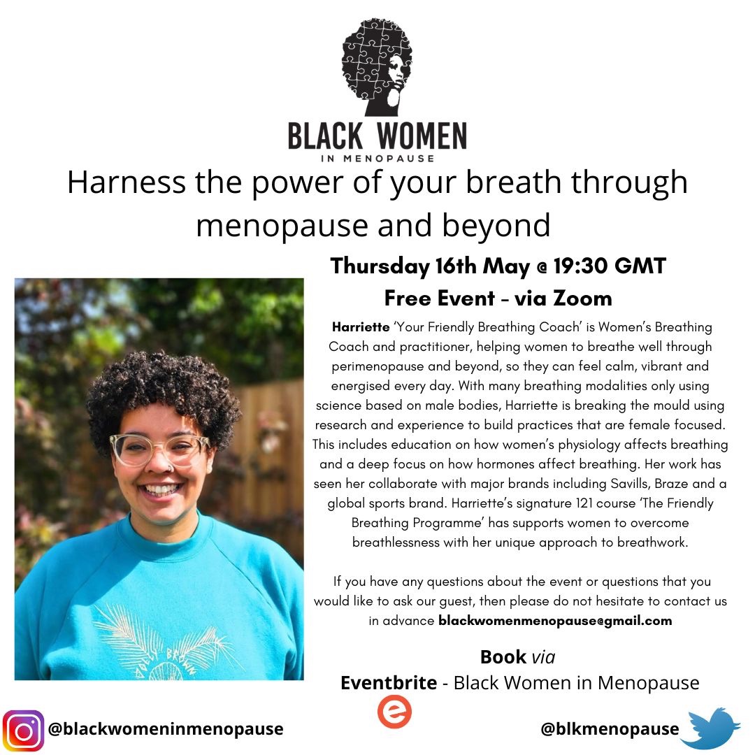 Next Free event - Harness the power of your breath through #perimenopause #menopause and beyond When: Thursday 16th May 19:30 BST Where: Zoomland Booking via Eventbrite link 🔗 in the link.tree eventbrite.co.uk/e/harness-the-…