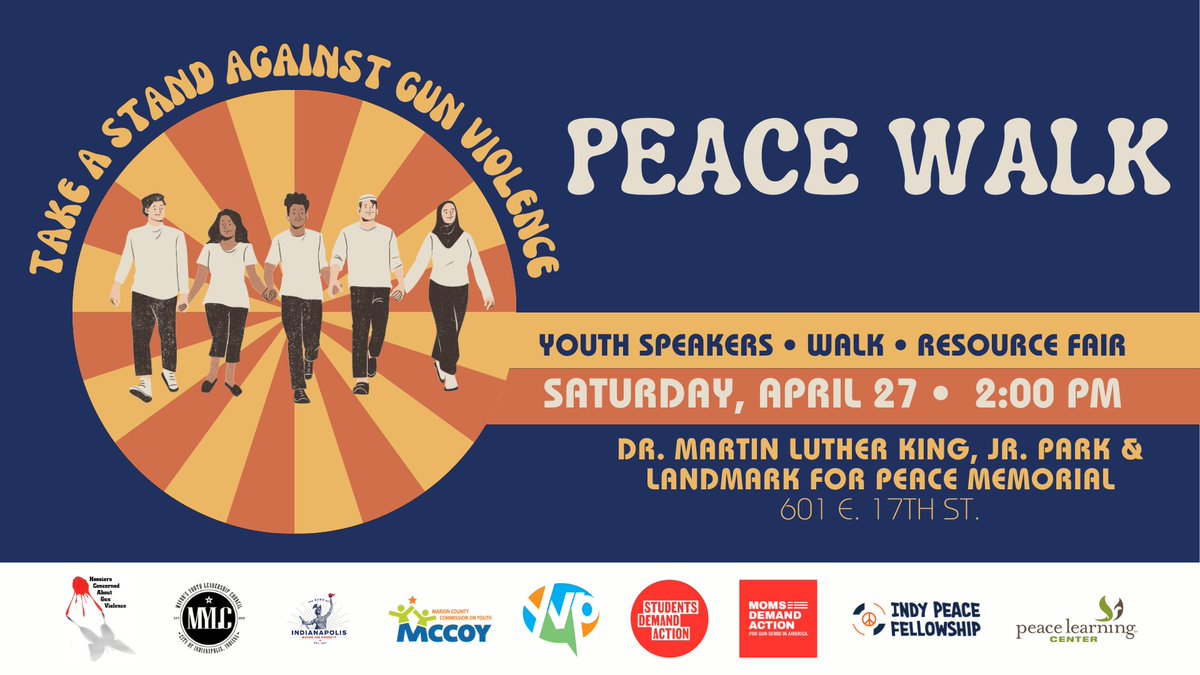 Grab your water bottle, tie your tennies, and let's walk for peace!
📅Today at 2:00 PM.
📍Kennedy King Memorial Initiative, 601 E. 17th St.

#GunViolencePrevention #NYVPW #SaferINDY
@IndyMYLC @HCGV_Indiana @MCCOYouth  @PeaceLearning @MomsDemand @StudentsDemand @IndyPSFdn