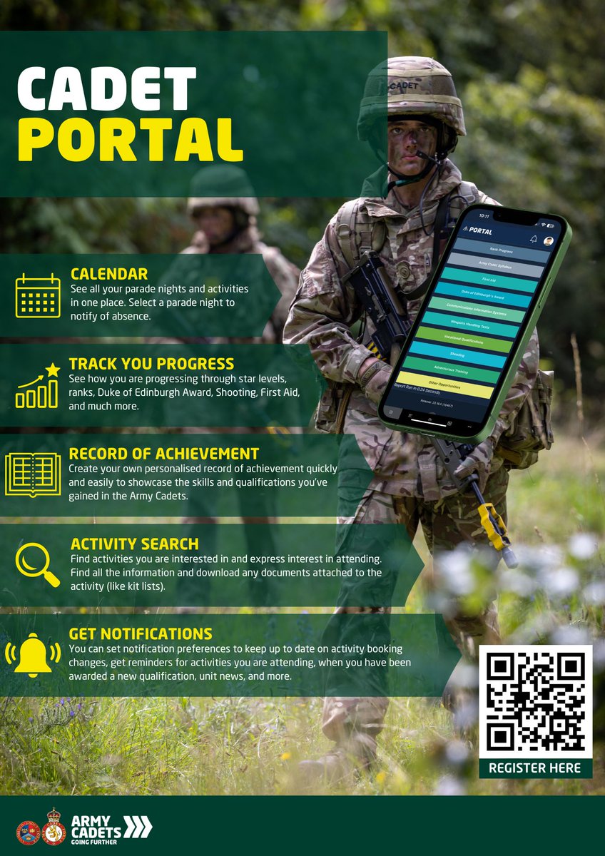 Cadet Portal is now available for all cadets to use.

Please scan the barcode on the poster or ask your Detachment Commander (DC) for help in setting it up.

Army Cadets - Going Further!
#armycadets #armycadetsuk #mtp #FiercePride #youth #toinspiretoachieve #southeastrfca