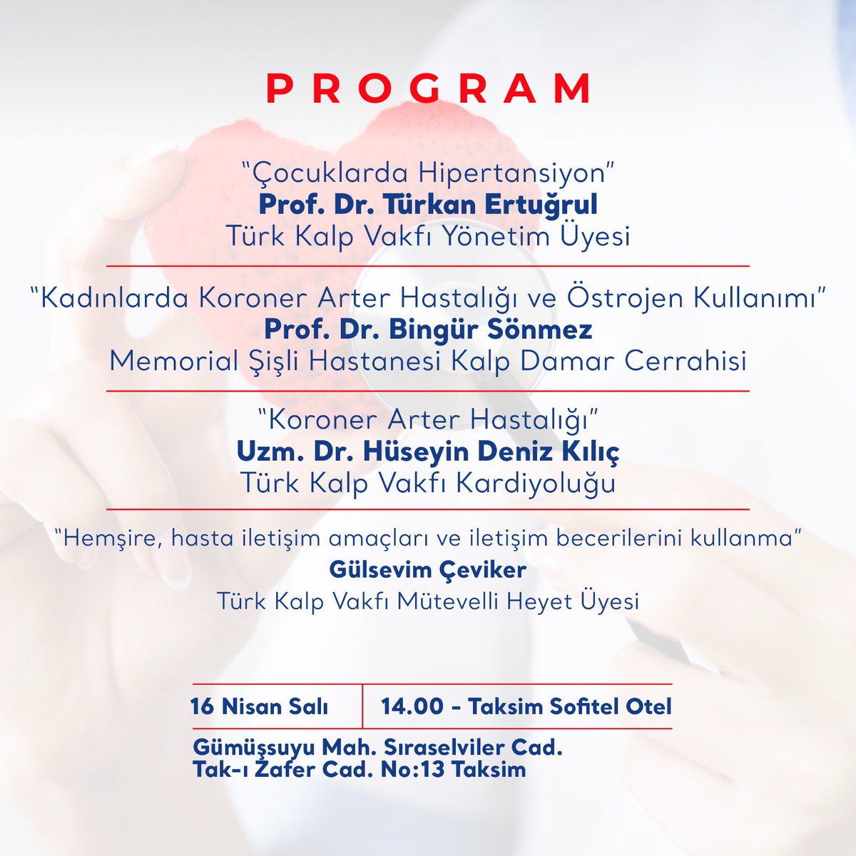 Türk Kalp Vakfı iş birliği ile kalp-damar hastalıklarını konuşacağımız 'Kalp Sağlığı' konferansına tüm komşularımız davetlidir. 📆16 Nisan Salı ⏰14.00 📍Taksim Sofitel Otel