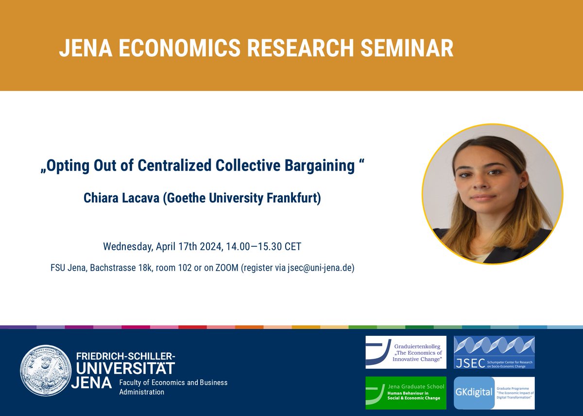 JsecZentrum's tweet photo. We are happy to welcome @chiaralac in our JERS this Wednesday. She will talk about „Opting Out of Centralized Collective Bargaining “. Join us at 2pm. https://t.co/NBj8AVn96i