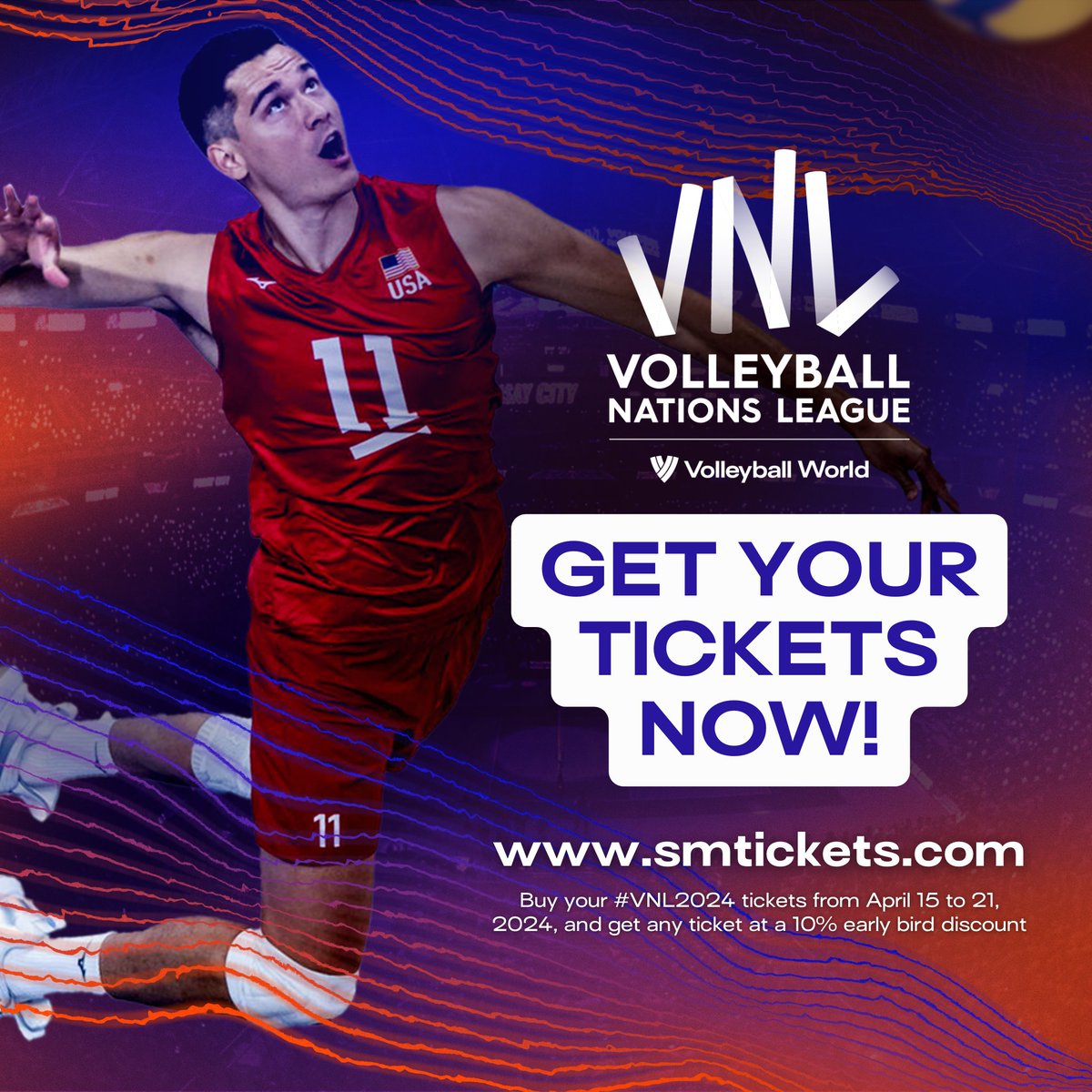 #VNL2024 Tickets are NOW LIVE! Buy your tickets online via smtickets.com and over the counter at SM Tickets branches. ✨ EARLY BIRD PROMO: Get any ticket at a 10% early bird discount from April 15 to 21, 2024! Regular ticket prices start on April 22, 2024.