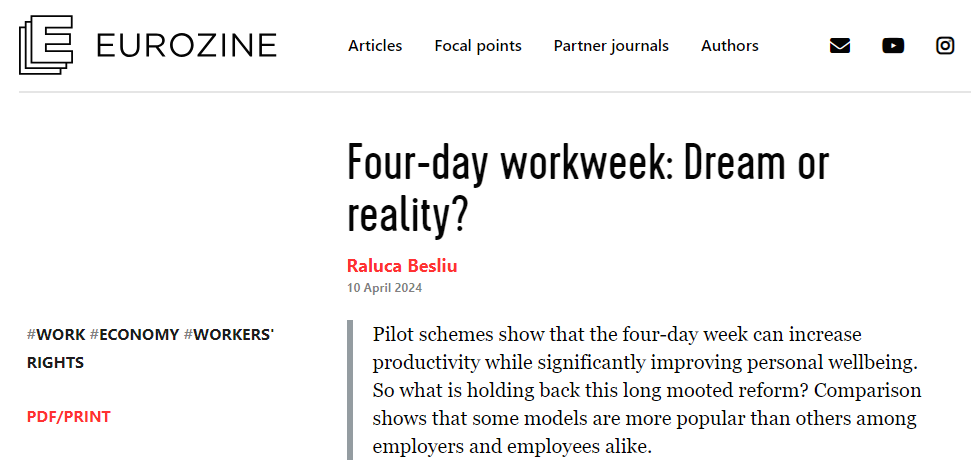 Four-day workweek: Dream or reality? 🗨️ ETUI senior researcher Agnieszka Piasna interviewed in @Eurozine about the danger of conflating the #4DayWeek with the ‘compressed workweek’, and the need for collective solutions to make a #WorkingTime shift work for everybody 🔗…