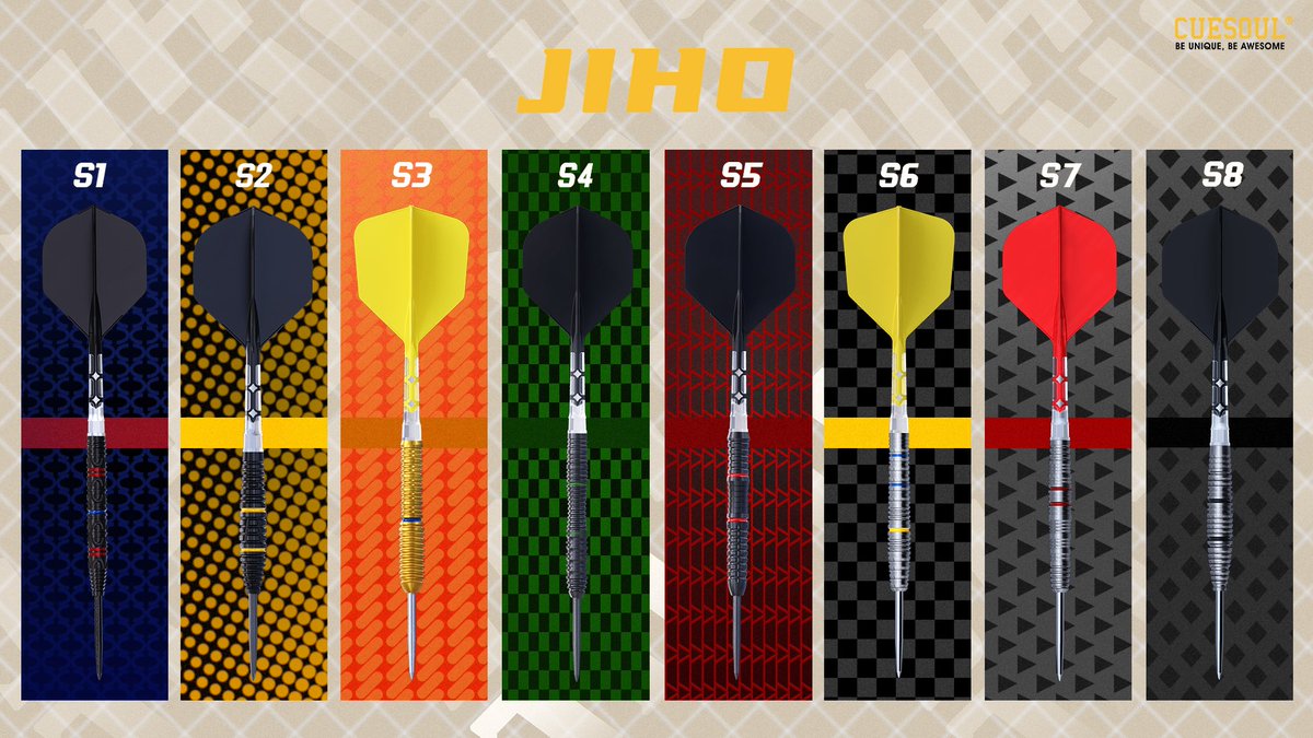 JIHO DARTS, Total 8 different designs,weight from 18g to 23g,a nice price range from USD49.99 to USD59.99.🎯 It allows players to have more choice to try and find out darts suits them best . Be Unnique,Be Awesome,Be CUESOUL #jihodarts #cuesoullaunch