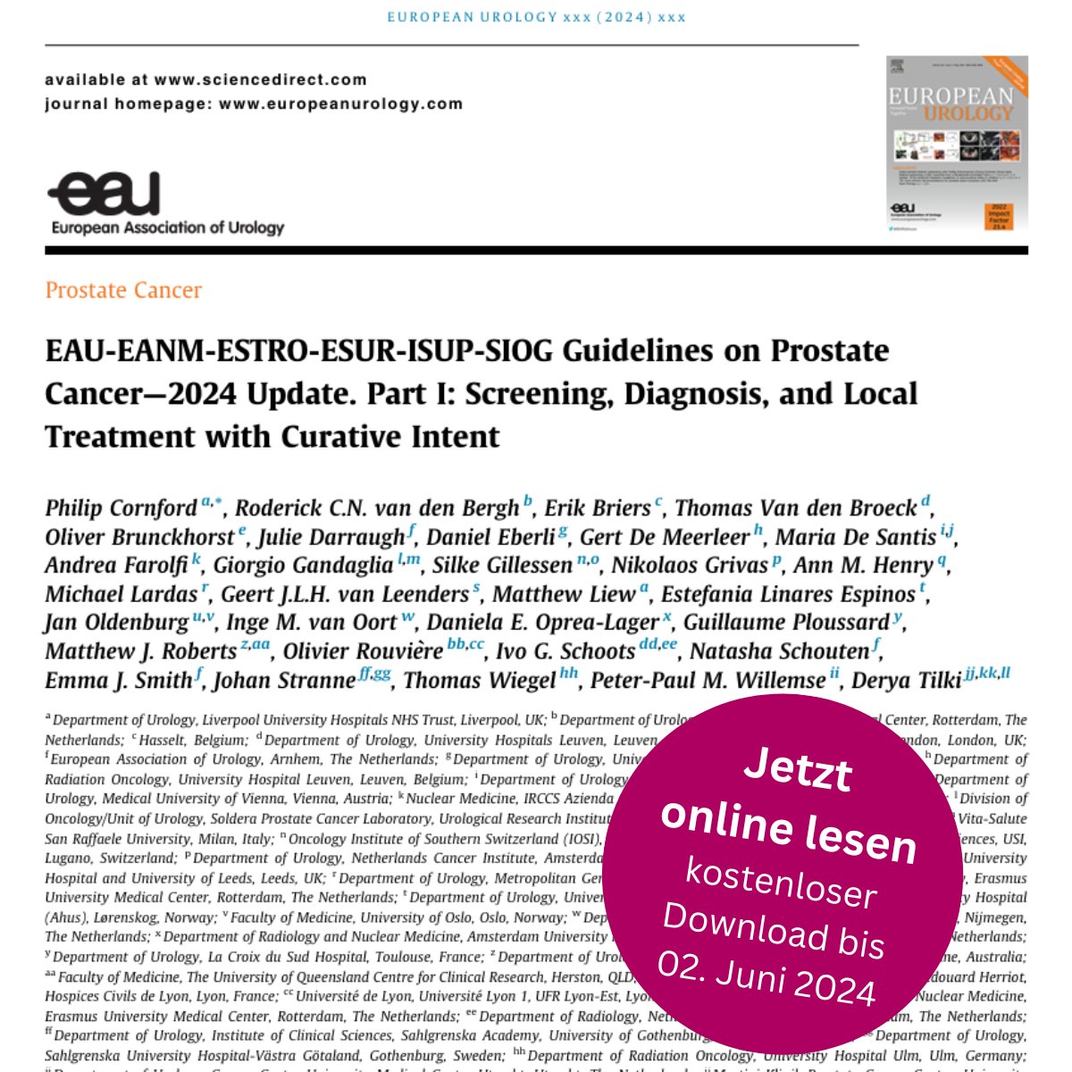 2024 Update des #EAU guideline panel for #Prostatecancer Part I: Screening, Diagnosis, and Local Treatment with Curative Intent ist online. Kostenlos downloaden bis zum 02. Juni 2024: authors.elsevier.com/c/1iwC714kplyy…