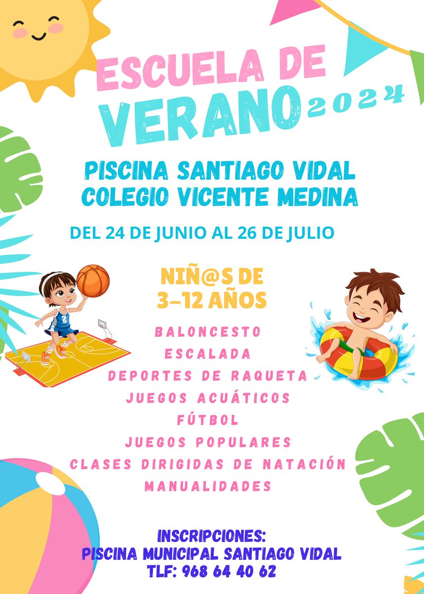 Este verano promete ser inolvidable para los más pequeños en la escuela de verano piscina municipal Santiago Vidal y colegio Vicente Medina. Del 24 de junio al 26 de julio, disfrutarán de juegos, actividades acuáticas, deporte, manualidades ¡y mucho más! 🌞🏊‍♂️🎨 #VeranoDivertido