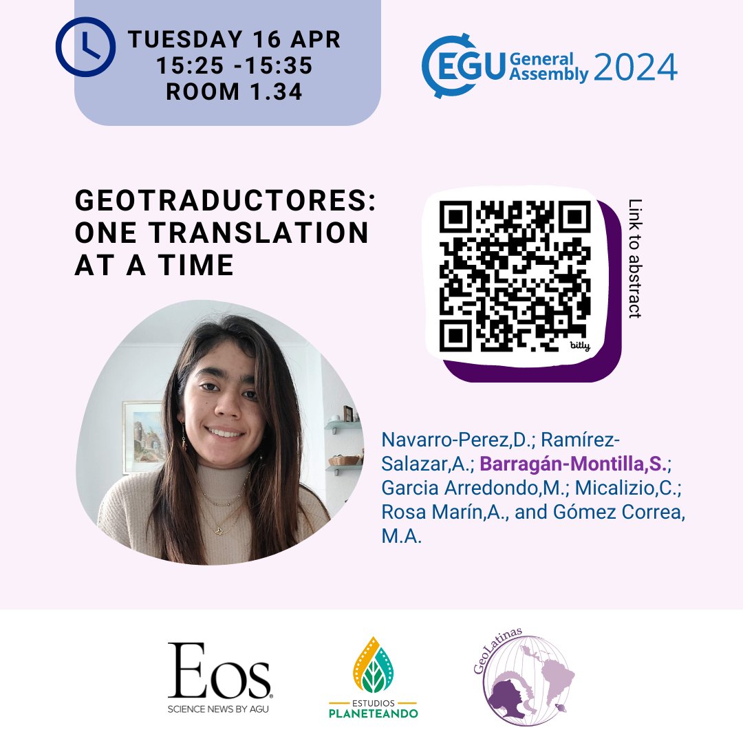 Attending to #EGU24? Check out our talk🚀 📌Tuesday, April 16 at 15:25 hrs in Room 1.34, in the EOS 1.8 session, we’re presenting “GeoTraductores: one translation at a time.” Read our abstract 👉doi.org/10.5194/egusph…