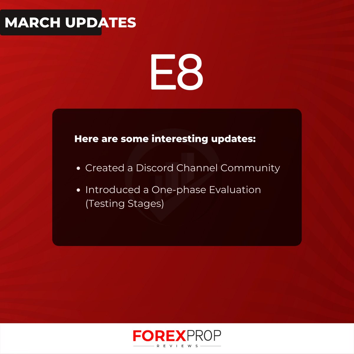 🔥 Keep up with the latest updates of E8 Markets, one of the top prop firms in the industry. Head over to our website now to discover their March updates and learn more about this leading firm.
#PropFirms #ForexPropReviews #E8Markets #MarchUpdates #Forex