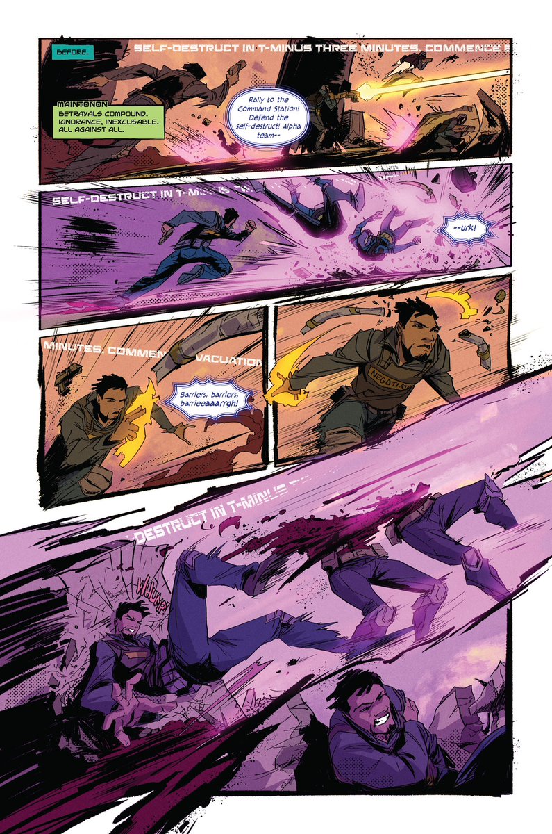 A page of action from Sci-Fi saga “Exigency” written by <a href="/mikeJLR/">my cool richer son</a> &amp; <a href="/Edcrab_/">Edcrab</a> &amp; leering by <a href="/RobJonesWrites/">Rob Jones @ TBubs B17 DSTLRY Hall 16/17th Nov</a>