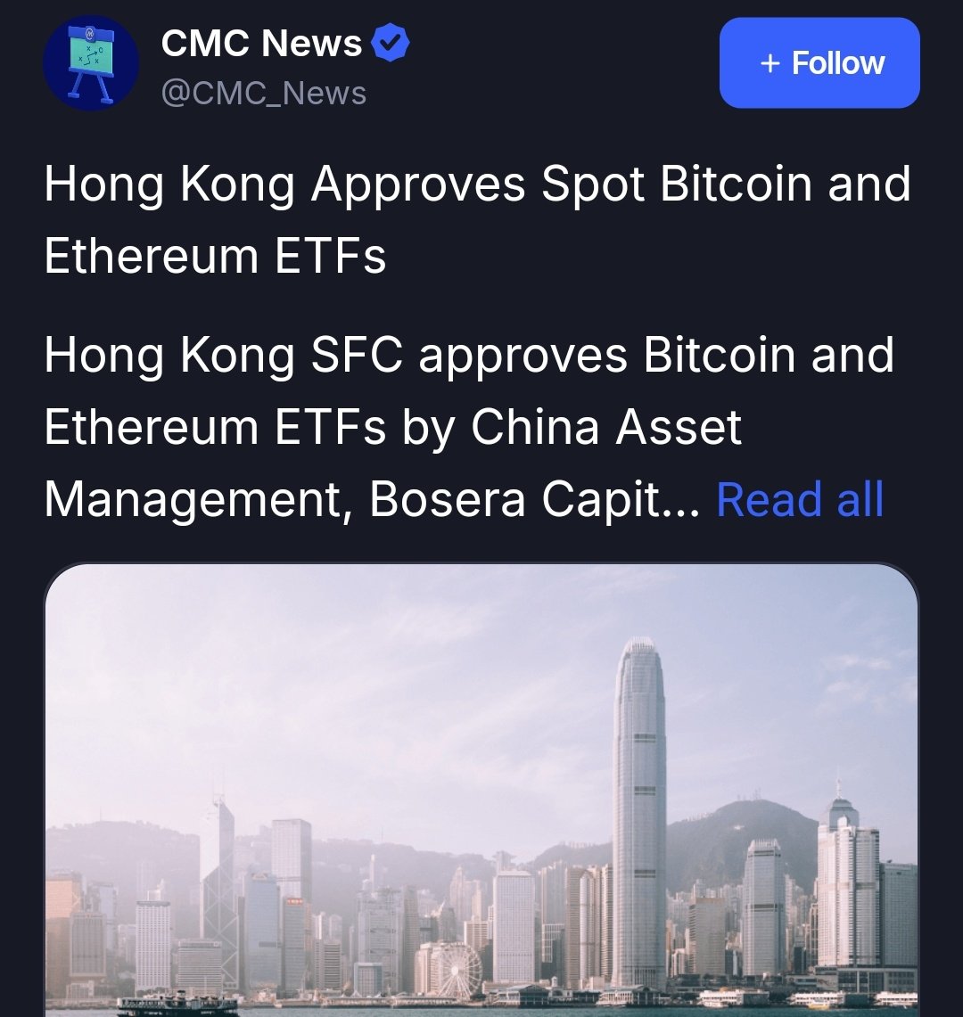 Breaking ‼️ News emerging from Hong Kong indicates China Asset Management, Bosera Capital, HashKey Capital Limited announced the approval of both spot Bitcoin (BTC) and Ethereum (ETH) exchange-traded funds (ETFs) applications by Hong Kong Securities and Futures Commission (SFC)