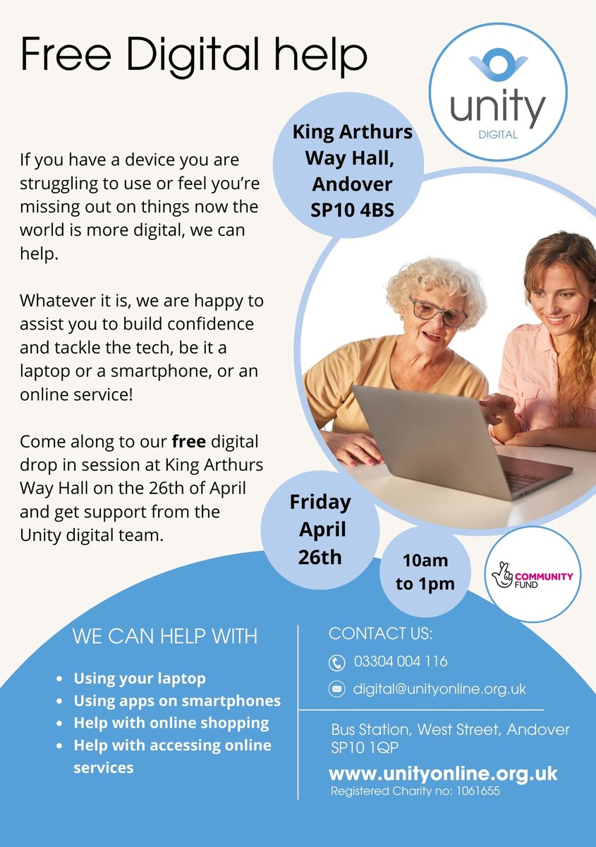 UnityOnline_'s tweet image. Our Digital team will be back at King Arthurs Way Hall in Andover for another free Digital drop-in session, on Friday the 26th of April. 🙂💻
Do come along if you are looking for any digital help. We'd love to see you. 
cc @TestValleyBC 
#anodverhelp #digitalsupport #community