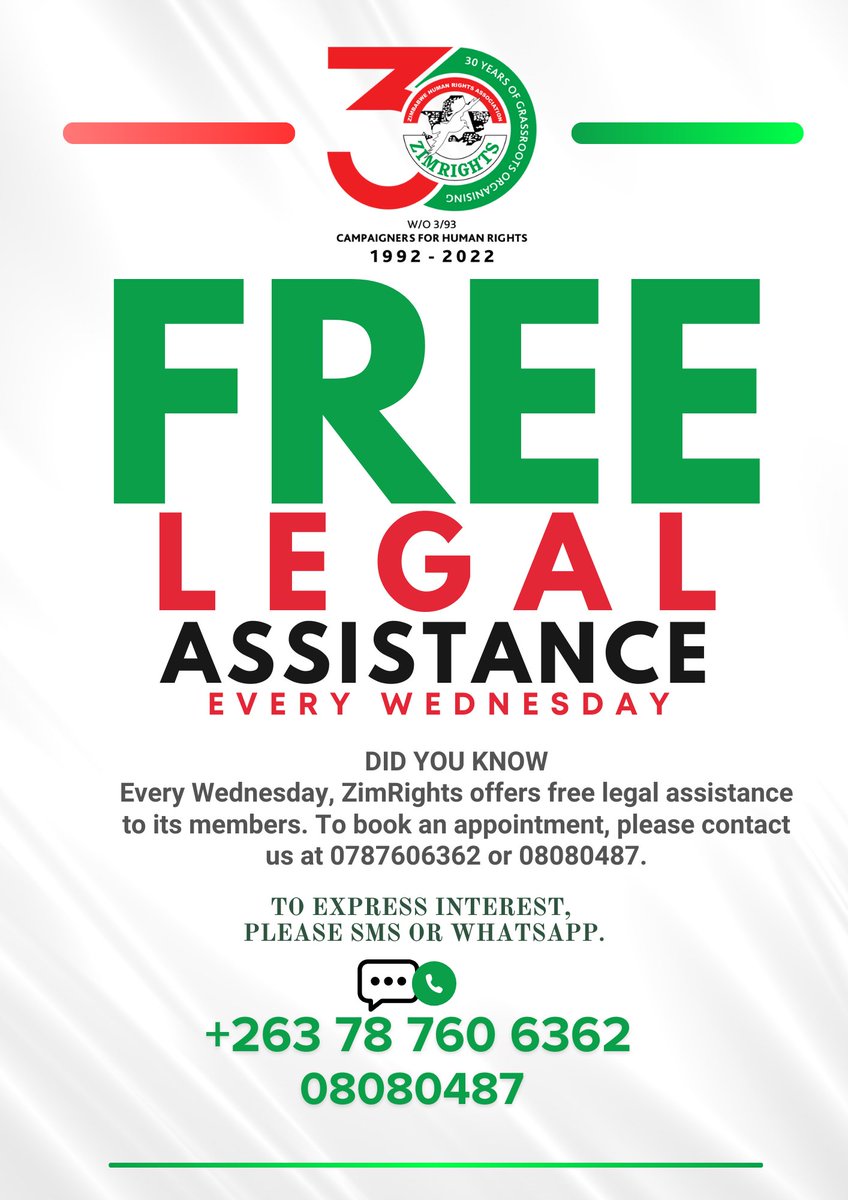 #DIDYOUKNOW Every Wednesday, ZimRights offers free legal assistance. This service is exclusively available to ZimRights members who have Human Rights-related cases. To book an appointment, please contact us at 0787606362 or call our toll-free number 08080487.