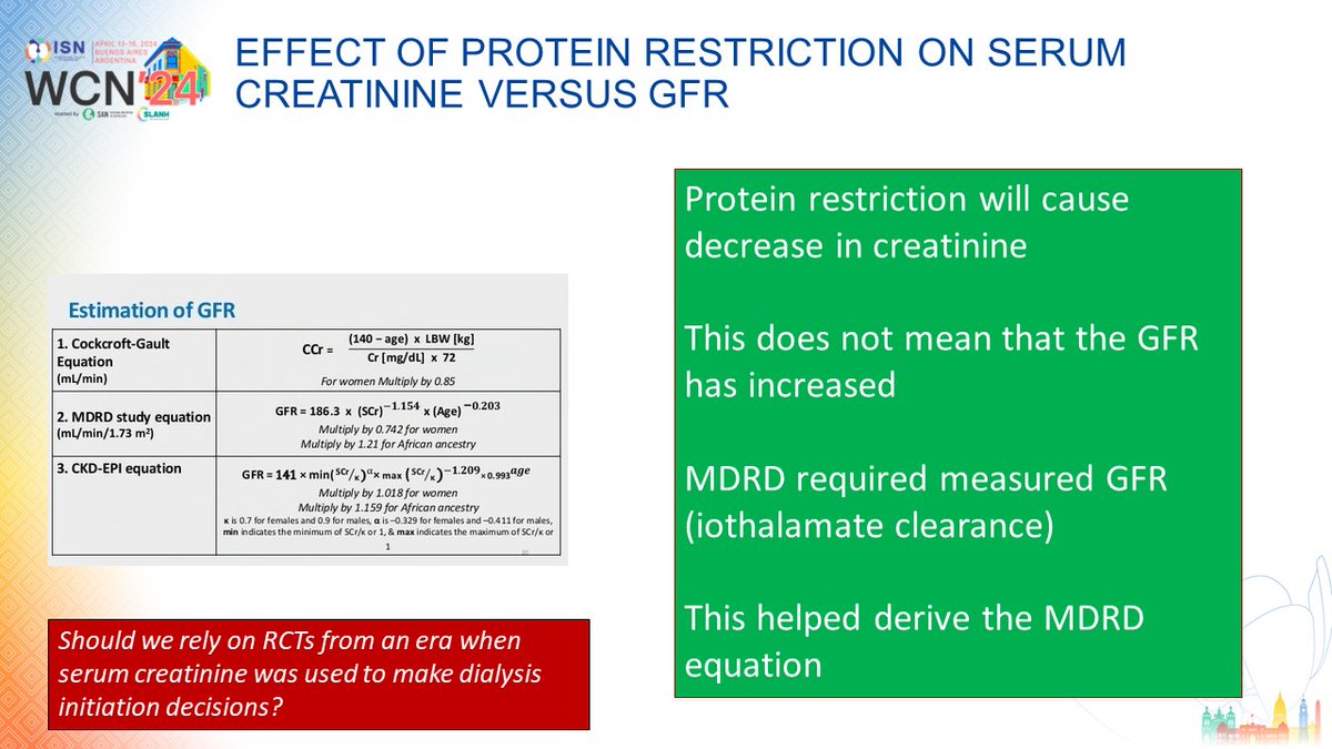 RCT data compressed into one table 
Key aspeccts
- RCTs do not report decrease in dialysis
- or lower GFR decline 
- Diets were poorly tolerated (even in their carefully done RCTs!)

Be careful with creatinine changes from low protein diet (hence MDRD had nuclear GFR) 
#ISNWCN