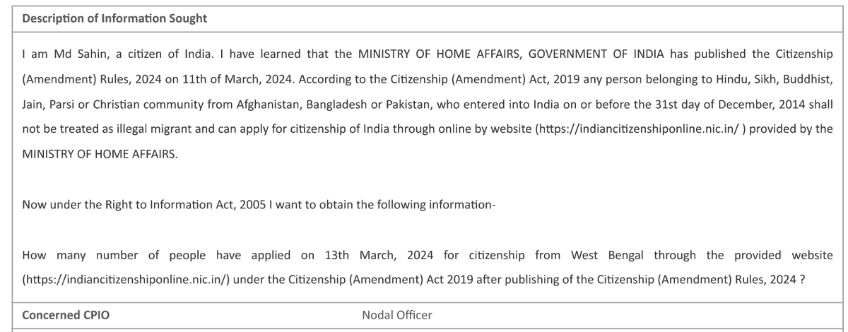 GargaC's tweet photo. Huge breaking news for media! 
Govt of India claims that it is NOT maintaining ANY record of application made for Citizenship under CAA! 
Sahin, Supreme Council member of Bengali Nationalist @BanglaPokkho made RTI application. 
Amit Shah is scared of Bengalis &amp; CAA is a fraud. https://t.co/R1MPXYRvXn