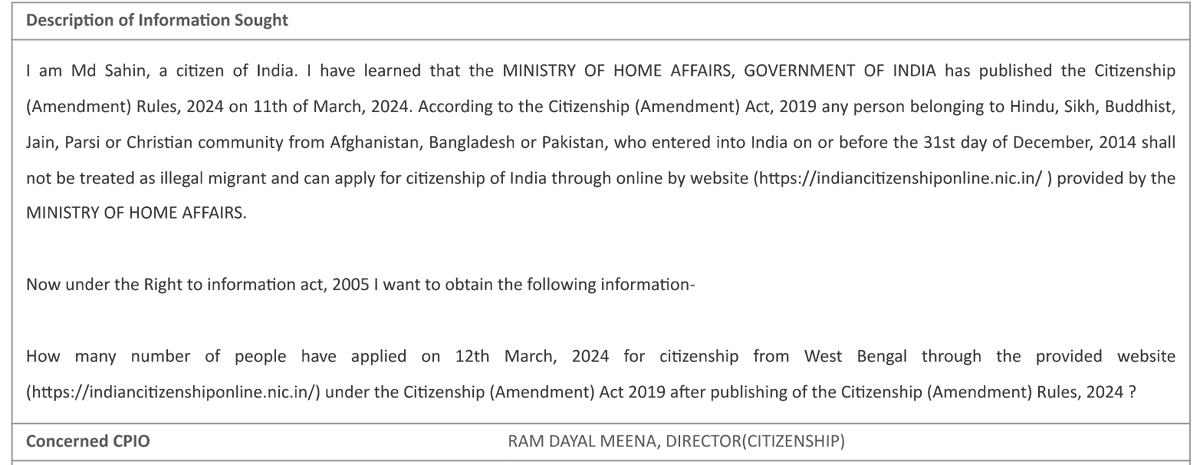 GargaC's tweet photo. Huge breaking news for media! 
Govt of India claims that it is NOT maintaining ANY record of application made for Citizenship under CAA! 
Sahin, Supreme Council member of Bengali Nationalist @BanglaPokkho made RTI application. 
Amit Shah is scared of Bengalis &amp; CAA is a fraud. https://t.co/R1MPXYRvXn