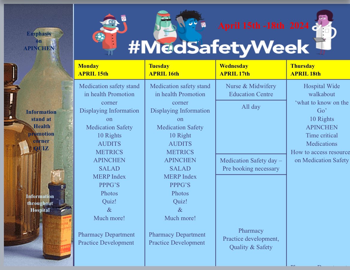 Medication safety week here in OLOL see below the agenda for the week. Pop along to the health promotion corner today Monday and take part in our quiz and enter into our raffle. @NursingOlol @HealthPromoOLOL @ololed1 @OlolRadiology @OLOLM4E @PTOLOLH @OTLouthHosps @Deirdre40505532