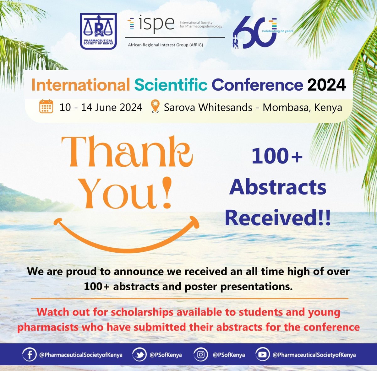 🏆 We're thrilled to share that we've hit a milestone with over 100 abstracts and poster presentations submitted for our upcoming conference! 🚀 Plus, exciting news for students & young pharmacists: Keep an eye out for scholarship opportunities! #PSKAT60