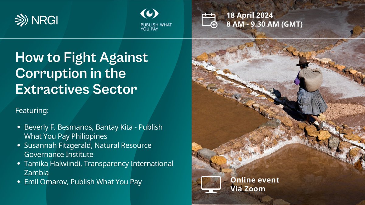 NRGInstitute's tweet image. 🔍 Want to tackle corruption in #extractives? Join a @PWYPtweets &amp;amp; NRGI webinar on 18 April to hear how NRGI's corruption diagnostic tool empowers anticorruption actors. Featuring insights from:

@BantayKita
@PWYPtweets
@ti_zambia
@NRGInstitute

Register: resourcegovernance.org/events/how-fig…