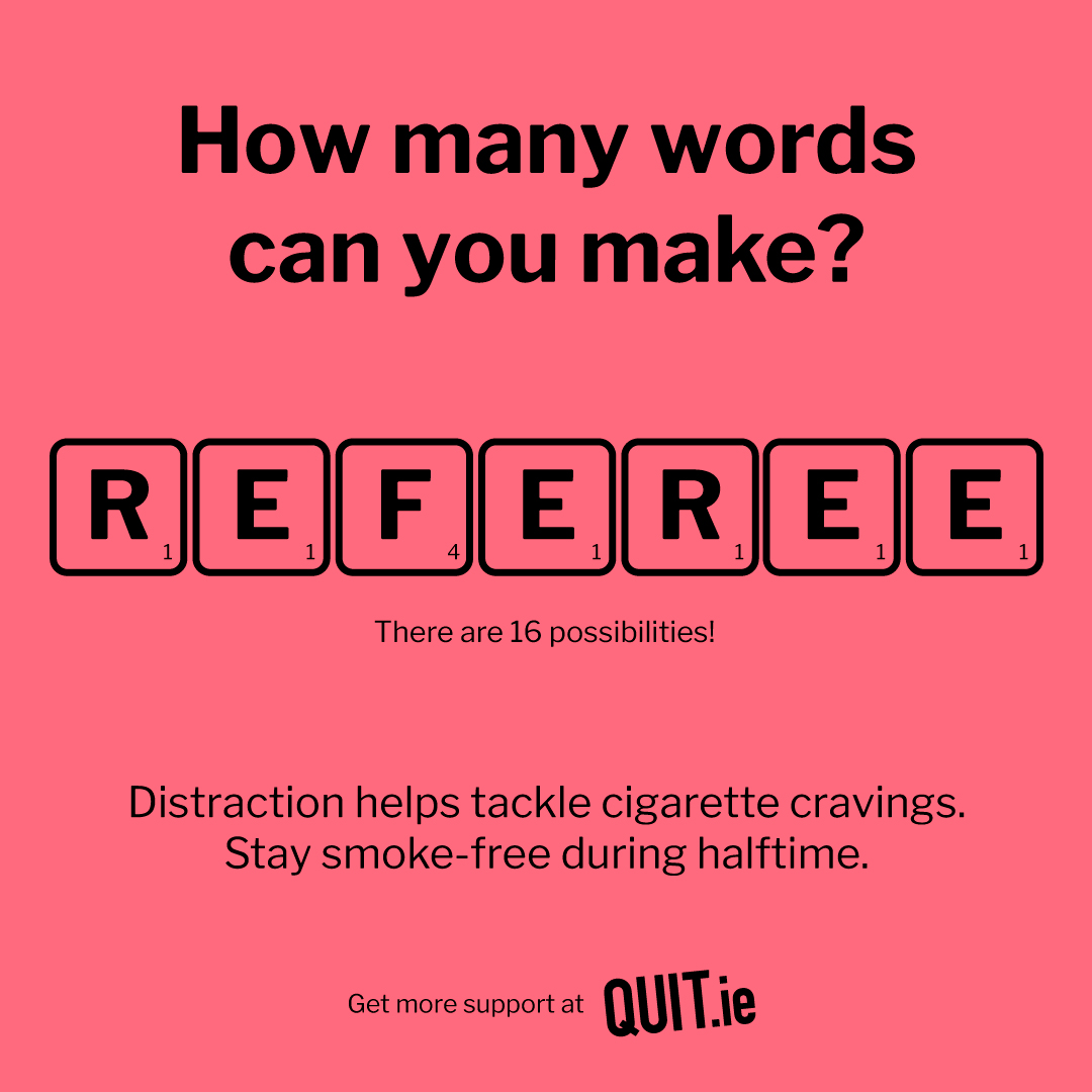 It takes 3 to 5 minutes for a cigarette craving to pass.

Skip the smoke break and distract yourself instead.

Your new game plan starts today.

Sign up to a free Quit Plan at quit.ie

#TakeBackControl #QuittingIsWinning #28DayChallenge @HSEQuitTeam
