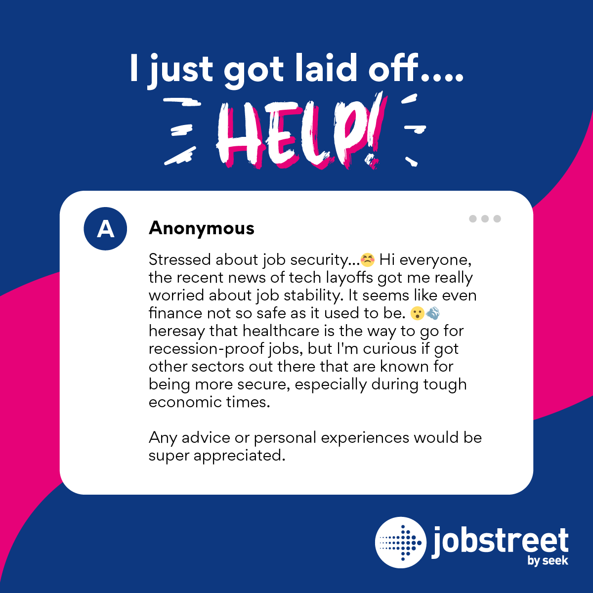 JobstreetSG's tweet photo. HELP❗️We have someone looking for help after a layoff…​

​Join the discussion on Career Hub NOW to share some friendly advice on what they can do to get back on their feet and find #BetterMatches.​

🔗: https://t.co/Etvqy4gvN6

#JobstreetbySEEKSG https://t.co/viSYF9aets