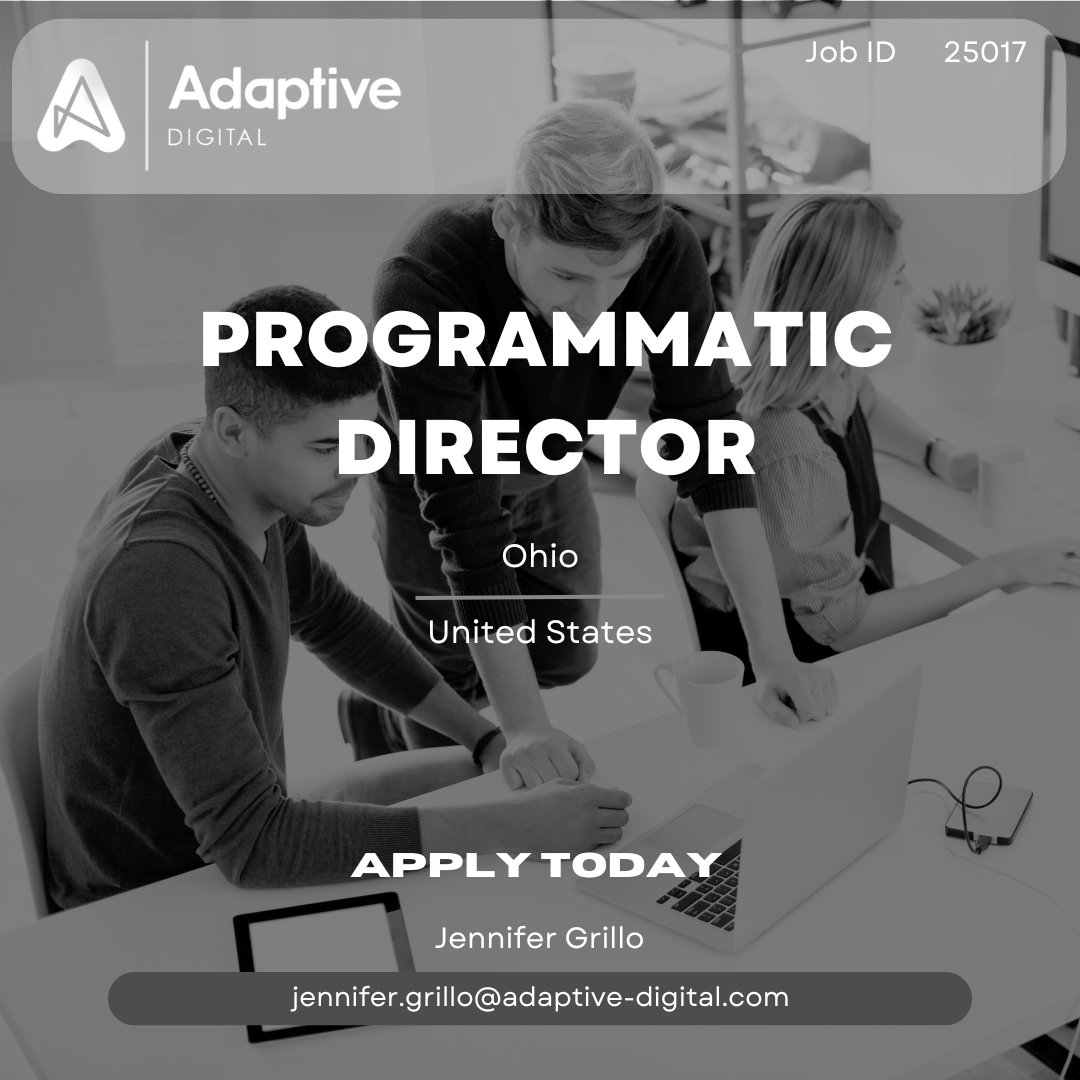 AdaptiveCareers's tweet photo. 🌟 Exciting news! We're hiring!  🌟

💼 Job Title: Programmatic Director
📍 Location: Ohio, United States🇺🇸 
📩 Email Jennifer your CV and take your career to the next level!

#JobOpening #DigitalCareers #NowHiring #ProgrammaticDirector https://t.co/SChIr2tdZp
