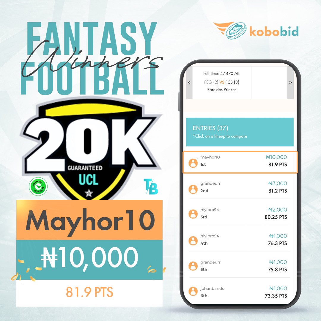 Congratulations to all last week’s Fantasy Football winners! Step into this week with wins playing Kobobid Fantasy Football tournaments on kobobid.com/fantasy Hurry now and submit your lineups.