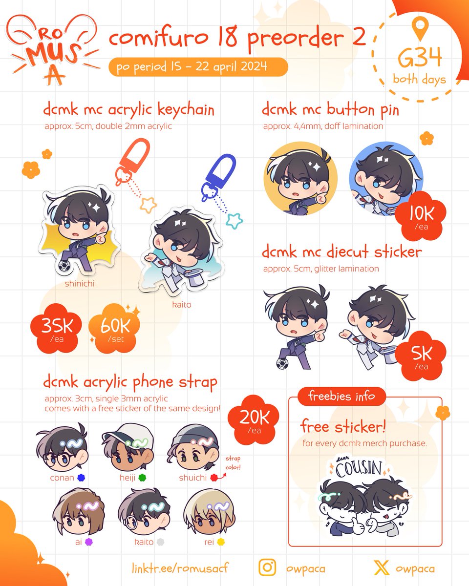 [Like & RT are appreciated❤️] ROMUSA CF18 PO Batch 2 is open! 📍 Booth G-34 (2 days) 📆 Apr 15-22nd 🎨 Fandom: DCMK, HSR, Genshin 🛒 OTS & Mail Order 🔗 linktr.ee/romusacf ‼️GO please DM first‼️ Other catalogs in reply⤵️ #comifuro18 #comifuro18catalogue #cf18 #dcmk