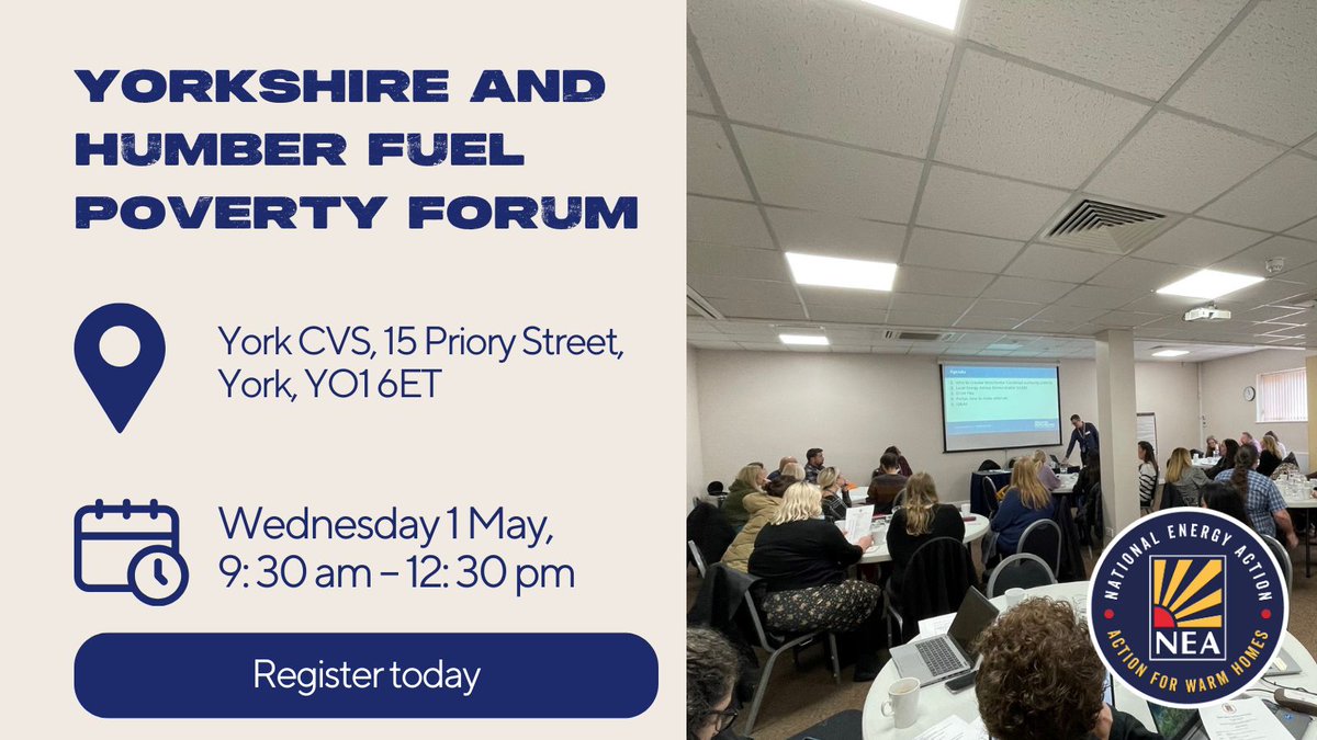 Our Yorkshire and Humber #FuelPoverty Forum will take place in person at @YorkCVS. The free events will examine practical advice and policy initiatives related to fuel poverty and delivering energy efficiency solutions. Register here: buff.ly/3PKY8uI