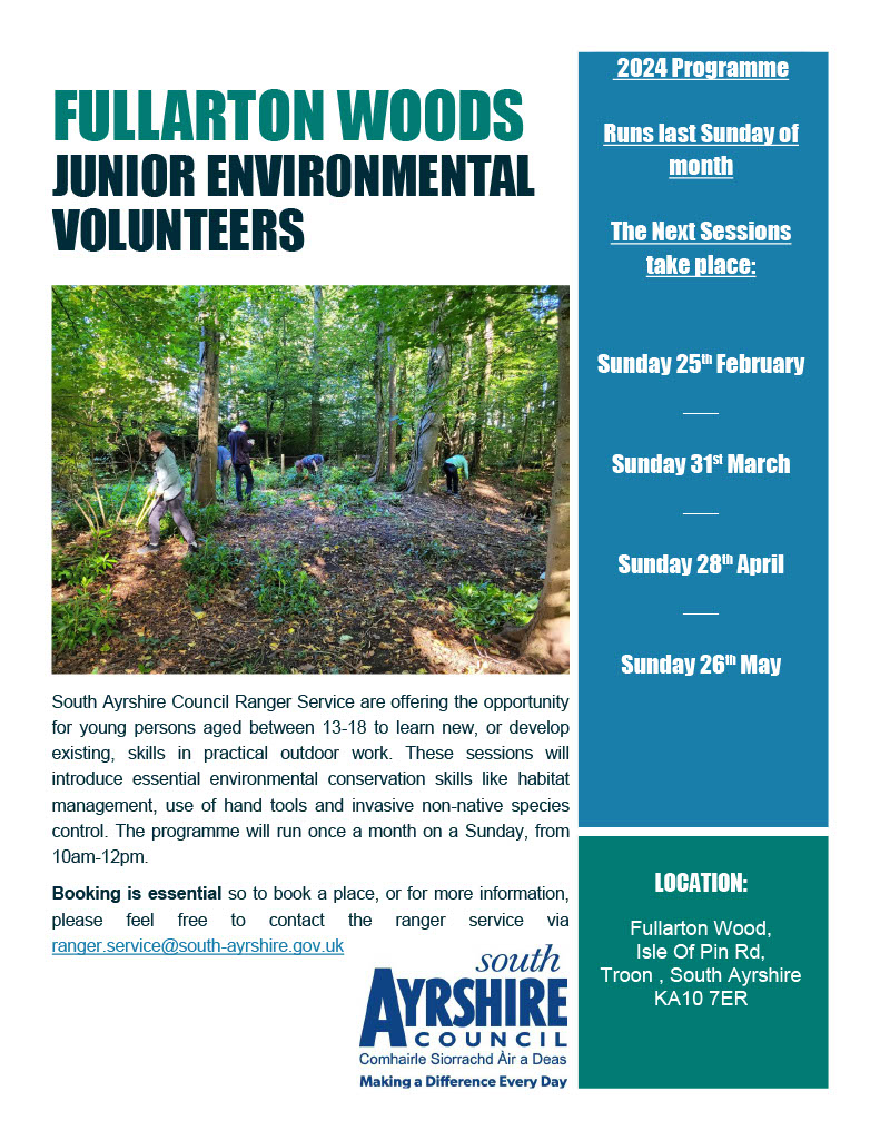 Do you know a young person who could be interested in practical conservation work? 🌲🍂 South Ayrshire Council’s Ranger Service are inviting 13-18-year-olds in South Ayrshire to join their Junior Environmental Volunteer programme based in Fullarton Woods, Troon.