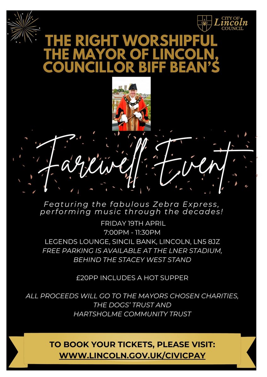 The final charity fundraiser of Cllr Biff Bean's year as the Mayor of Lincoln takes place this Friday (19 April). Join the Mayor of Lincoln from 7pm at the Legends Lounge, LNER Stadium for music through the decades and a hot supper. More: lincoln.gov.uk/civicpay
