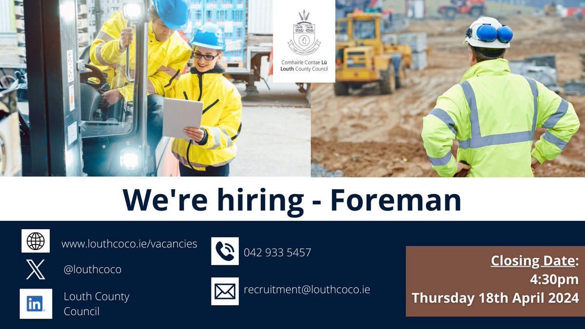 Have knowledge of road works, traffic management, drainage, pipe laying, bitmac/asphalt laying, surface dressing & using machinery? 3 days left to apply for Foreman. Closes 4:30pm Thu 18th Apr ‘24. Apply now at buff.ly/3vAOXpO @Louthchat #LouthJobs #YourCouncil